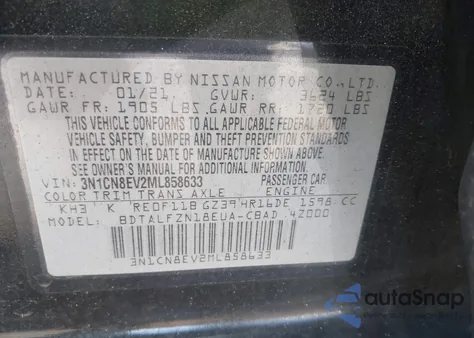 2021 Nissan Versa Sv Xtronic Cvt from USA, damaged, VIN 3N1CN8EV2ML858633